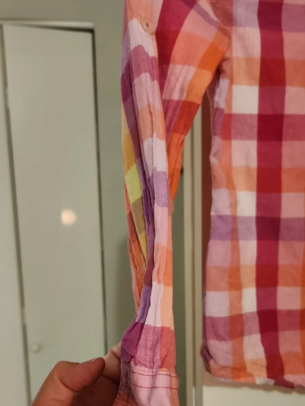 Justice Pink Orange Plaid Button-Down Shirt with Studded Pocket